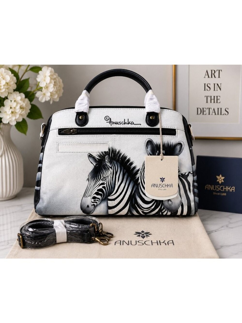 NWT Anuschka Zebra Hand Painted Leather Satchel Crossbody Bag 7368-ZBC Dust Bag